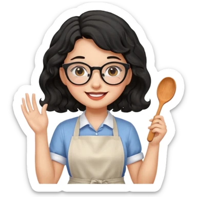 girl with apron, black wavy hair, wearing glasses, a little blush on her cheek sticker