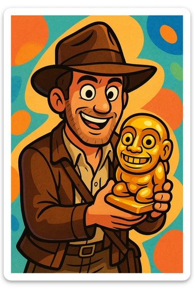 Indiana Jones, cartoon style, wearing a brown jacket and hat, holding a golden idol, colorful and playful sticker