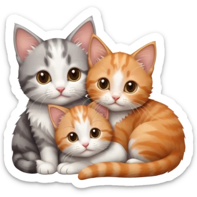 3 tiny kittens cuddling together all different colours, the first one is grey and white, the second is ginger and white and the third is brown tabby and white sticker