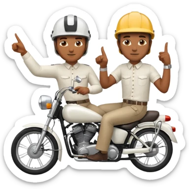 two men sitting on a bike, both wearing helmets, the man behind the driver wearing a white shirt and pointing a finger, both with brown skin tone sticker