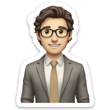 Pale skinned fit man with dark brown hair in gray jacket, beige office shirt, brown tie, brown pants and vintage glasses Writing on the flipchart sticker