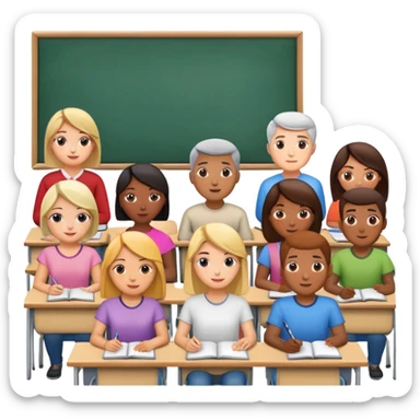 adults sitting in a classroom facing a screen sticker