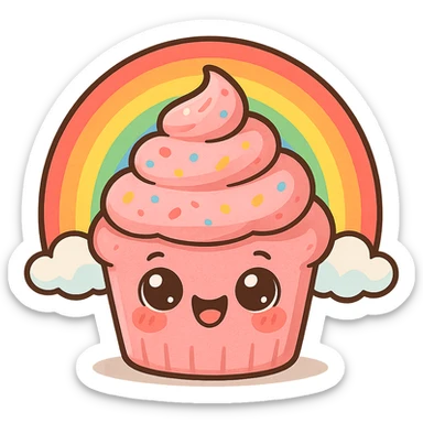 a cute pink cupcake with a rainbow, original design, big eyes, blushing cheeks, joyful sticker