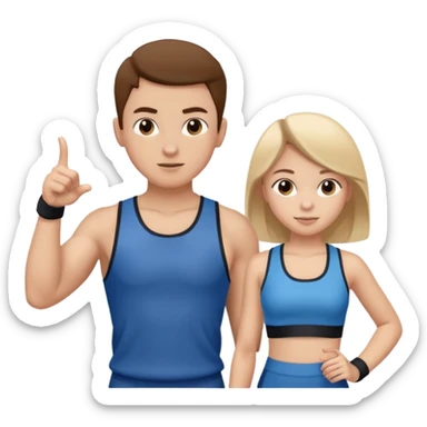 Girl and boy in gym clothes who points out sticker