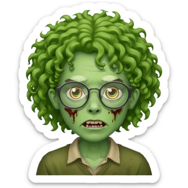 green-skinned zombie with curly hair and glasses sticker