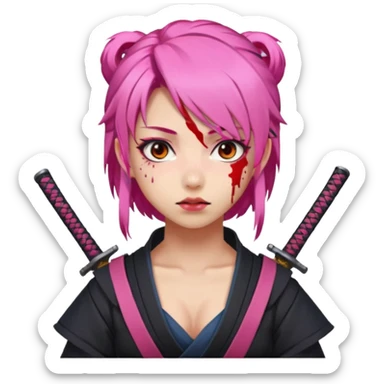 Девушка самурай, кровь на лице, розовые волосы, стиль аниме, стиль доги, голая sticker
