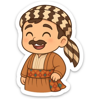 Create a chibi Kurdish cartoon sticker based on the reference image, showing a happy (smiling/laughing) expression, with a transparent background. sticker