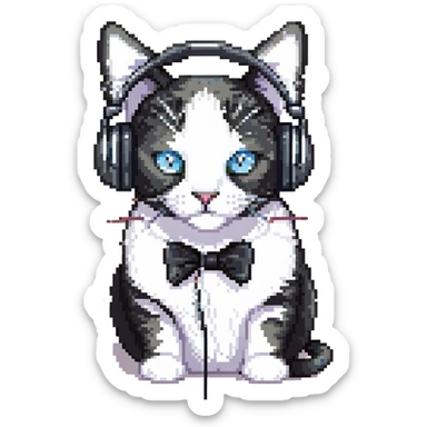 Edit the pixel art image of the cat to make it a tuxedo cat with black and white fur pattern, keep the headphones on the cat, and maintain no background (transparent). sticker