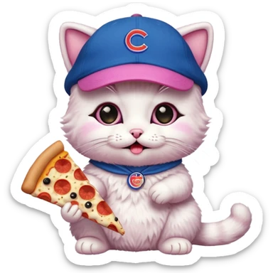 Kitty with cubs hat on with pizza sticker