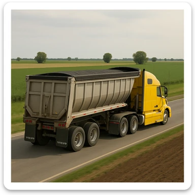 Transform the truck into a realistic yellow Volvo sleeper semi truck driving away with a large end dump trailer through farmland. Focus on realistic details and natural environment. sticker