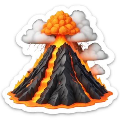 3D render of Volcano, miniature weather phenomenon, volumetric particle effects, mountain with orange lava and black ash smoke, elemental energy, emoji style, isolated on white background --v 6.0. sticker