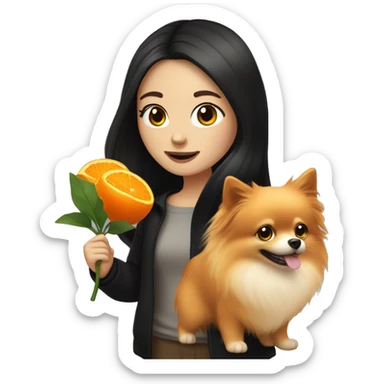 pale girl with long black hair walking with orange pomeranian sticker