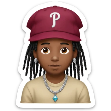 Black boy with black dreads and a burgundy Phillies hat with a diamond chain that says “KZEE” sticker