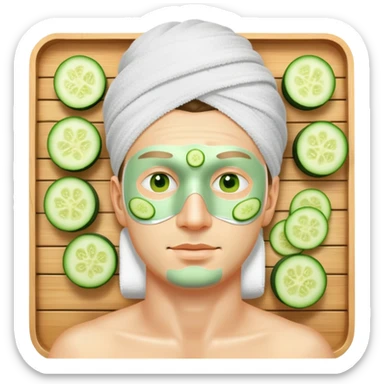 white man with green facial mask and cucumber slices on eyes, relaxing at a spa sticker