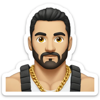 Russian muscular thug man aged 26 wearing gold chain with black hair and short beard sticker