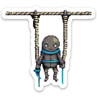 A pixel art character wrapped up in rope like a mummy, looking silly with just eyes visible sticker