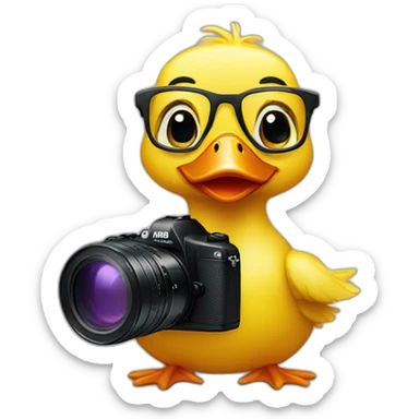 A duckling with glasses and a camera sticker