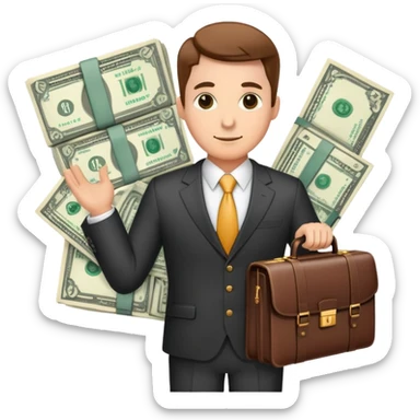 financial expert with business suit, briefcase, charts and money symbols sticker