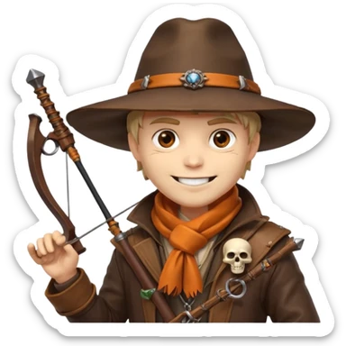 male human monster hunter emoji, wearing brown leather coat and wide hat, holding crossbow or rifle, with amulet shaped like skull, Halloween fantasy theme, confident smile, orange scarf, Apple emoji style, clean white background, square image sticker