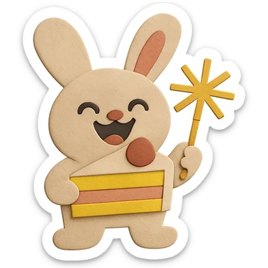 Improve the overall visual appearance of the bunny to be well-shaped, balanced, and even more appealing. Make sure the design matches the laugh face and keeps the paper-craft style, cake slice, and sparkler. sticker