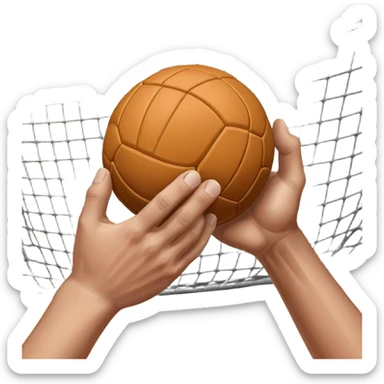 A close-up of a hand gripping a handball, with the handball gates visible in the background. The focus is on the texture of the ball and the strength of the grip, with the goal net slightly blurred to emphasize the anticipation of the throw. sticker