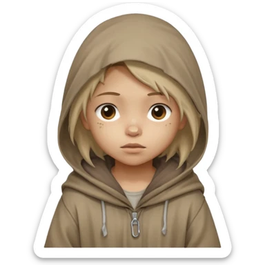 Young beggar little girl character, chest-up portrait, wearing worn and oversized clothes, hair is visible, neutral earth-tone fabric, slightly messy hair peeking from under a hood, tired but gentle eyes, subtle dirt marks on face, sticker