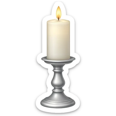 A silver candlestick holding a thick pillar candle glowing warmly. sticker