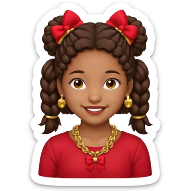 Brownskin girl dark brown hair fluffy. pigtails with red bows brown eyes smiling closed mouth red shirt gold esrrings gold necklace sticker