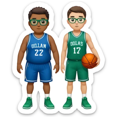Full Body overweight white male with dark short spike hair basketball player wearing glasses wearing blue and green uniform sticker