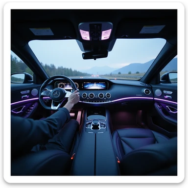 Ultra-realistic POV from driver's seat of a 2025 Mercedes-Benz S-Class. Luxury interior, ambient blue/purple lighting, futuristic dashboard, glowing infotainment, realistic hand on Mercedes steering wheel. Trim reflections, dynamic shadows, blurred windshield. Cinematic, 8K hyperrealism. sticker