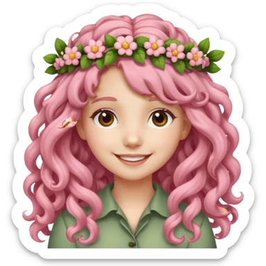 A girl with long, light pink curly hair wore a matching floral wreath on her head. sticker