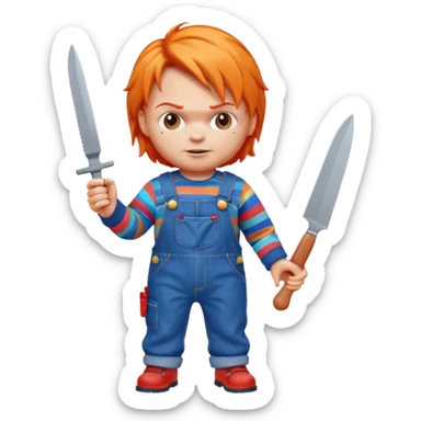 Chucky doll emoji holding a small knife, orange hair, blue overalls, apple style emoji sticker