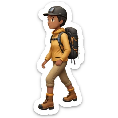 A 3D cartoon hiker silhouette standing on a rocky path at sunset, warm golden light, Memoji-style rendering. inside photo frame sticker