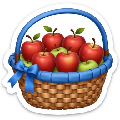 A basket with a blue ribbon on the handle sticker