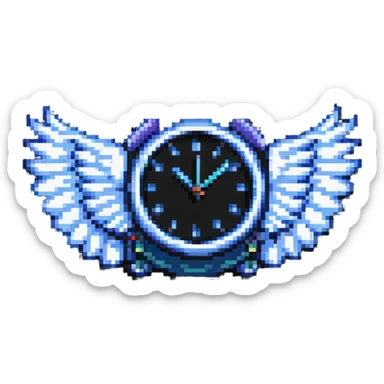 pixel art of a clock with wings, time flying concept sticker