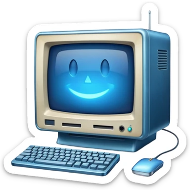 old mac computer with a blue glowy screen, sticker