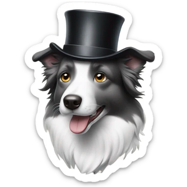 Grey and white border collie wearing a top hat and a monocle sticker