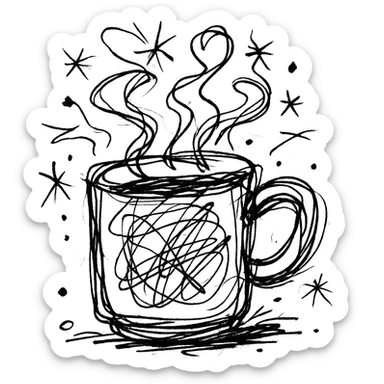 chaotic outlined icon of a coffee cup with erratic steam and scribbled lines sticker