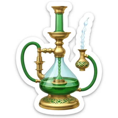 Brass hookah with green design on a glass water base and a glass banger on the top; with two outlet sticker