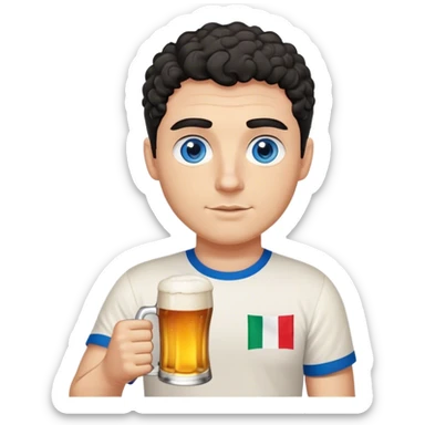 white guy thick eyebrows blue eyes with short curly black hair holding beer wearing a shirt with the italian flag sticker