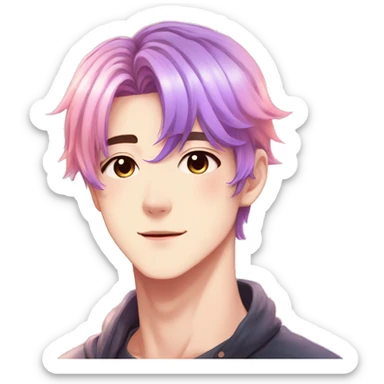 Gorgeous anime style guy with blushing face aesthetic and pretty colorful shiny gradient pastel hair trending style sticker