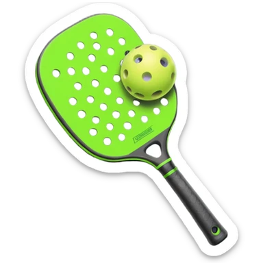 Modern Pickleball paddle graphite without holes, dark grey. 1 Pickleball ball beside or on top the paddle florescent green at 45 degrees sticker