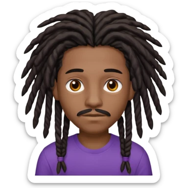 black teen with black dreads in a middle part with brown eyes and a small mustache and purple shirt sticker