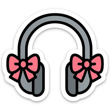gray headphones with slightly larger light pink bows, color outline icon style sticker