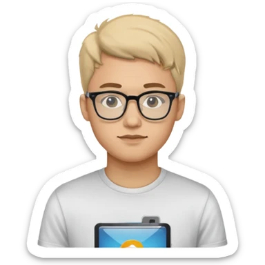 a man in his early 20s wearing glasses for a tech company sticker