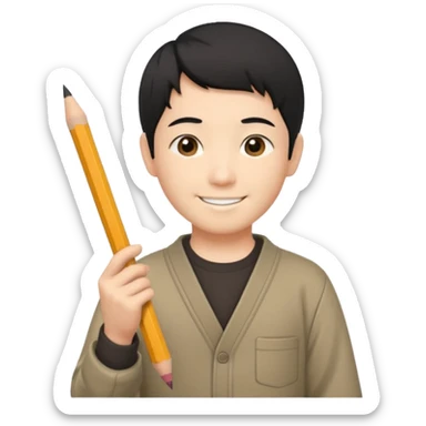 A Japanese male character with short hair, smiling, holding a pencil in his hand. sticker