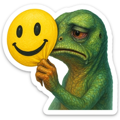 a sorrowful lizard pulling away a cheerful emoji mask, focus on the act of removal, vivid colors, detailed face sticker