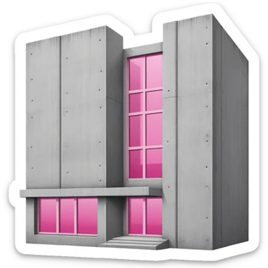 Minimalist brutalist building made of gray concrete with a pink window that stands out sticker