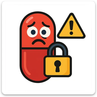 cartoon icon of a red medicine capsule with a lock, anxious eyes, warning sign sticker