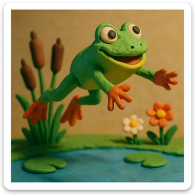 frog leaping above a pond with cattails and flowers, playful and colorful, claymation style sticker